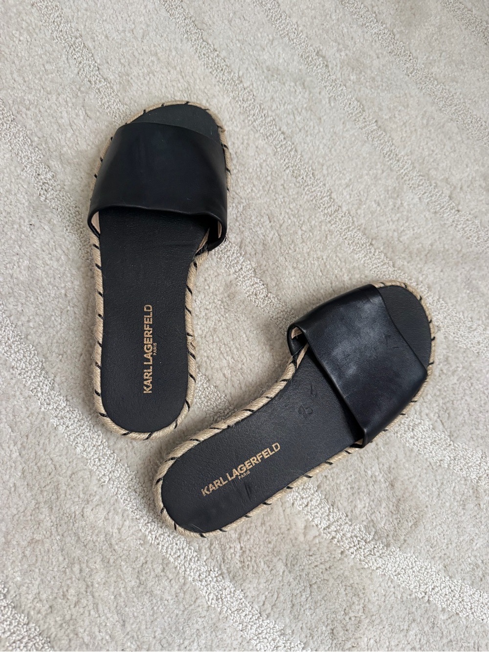 Karl Lagerfeld Black Slide Sandals with Rope-Trim Sole
